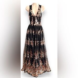 Southern Fried Chics Enchanted Sequin Evening Dress Rose Gold Large Black NWT